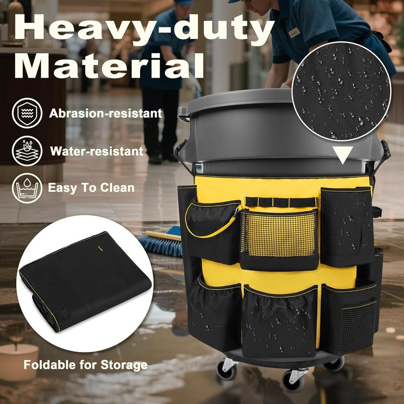 HODRANT 32-55 Gallon Trash Can Caddy Bag, Garbage Bin Apron Caddy with Multiple Pockets for Cleaning Supplies, Cleaning Tool Organizer with Adjustable Buckle for Janitorial Trash Can, Black+Yellow - Image 5